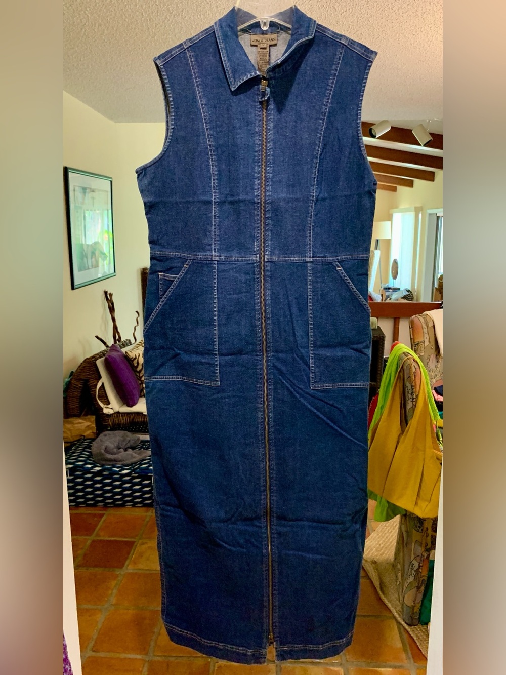 Jones New York Dark Blue Denim Zip-Front Sleeveless Maxi Dress